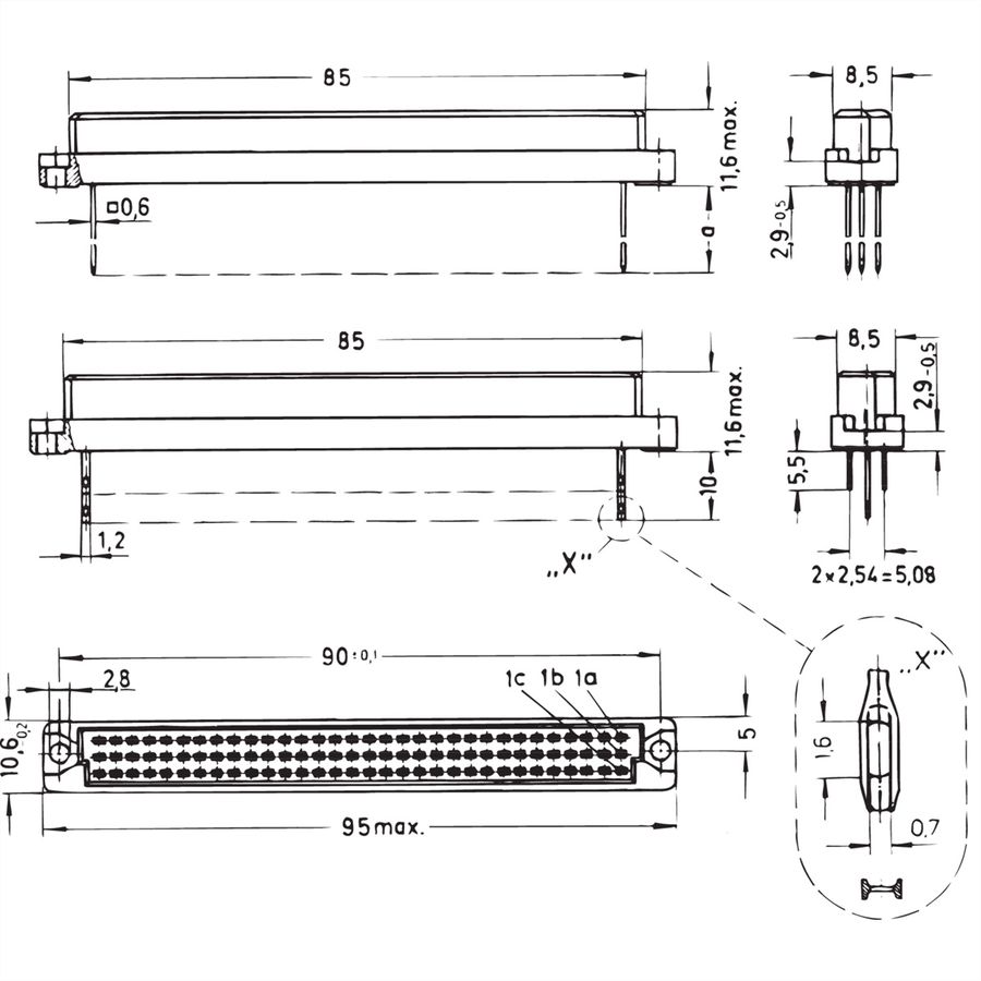 Connecteur SCHROFF de type C, EN 60603, DIN 41612, femelle, 96 contacts, wire-wrap, 13 mm