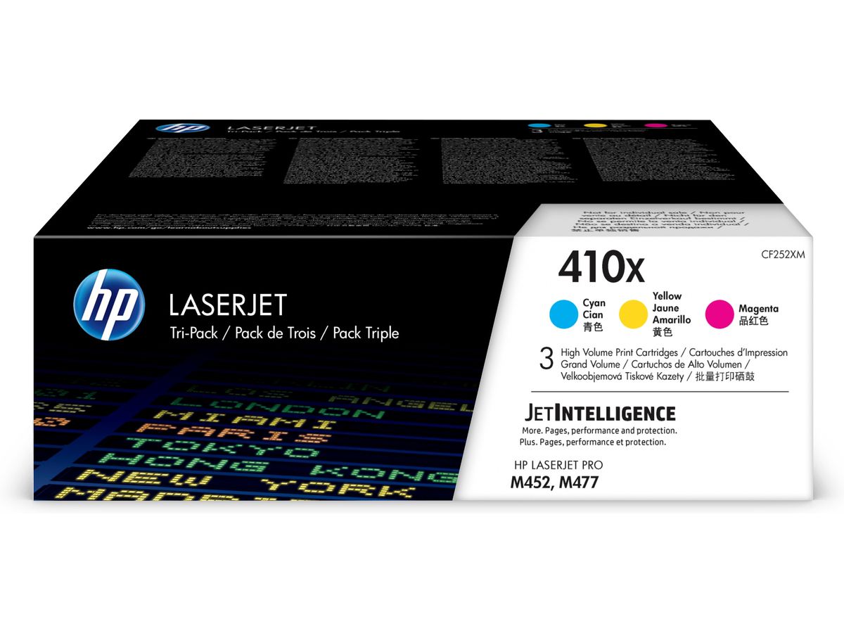 HP 410XLaserJet, lot de 3 cartouches de toner grande capacité authentiques, cyan/magenta/jaune
