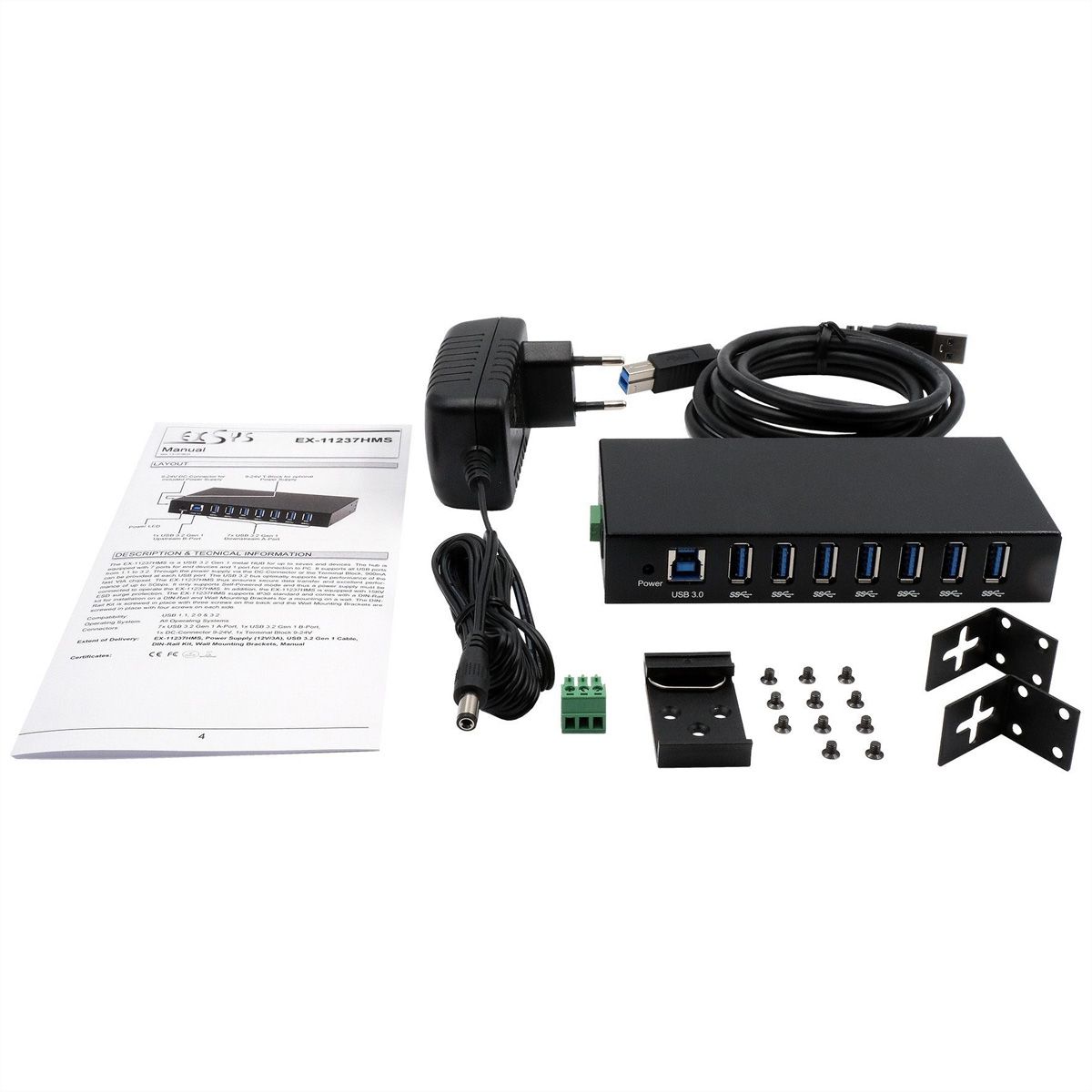 EXSYS EX-11237HMS-2 Hub 7 ports métallique , USB 3.2 Gen 1, kit rail DIN
