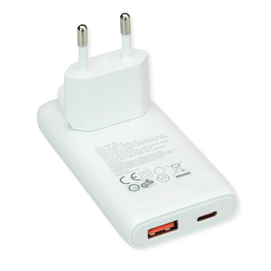 VALUE Chargeur USB, 2 ports type A+C, 65W, prise euro / US