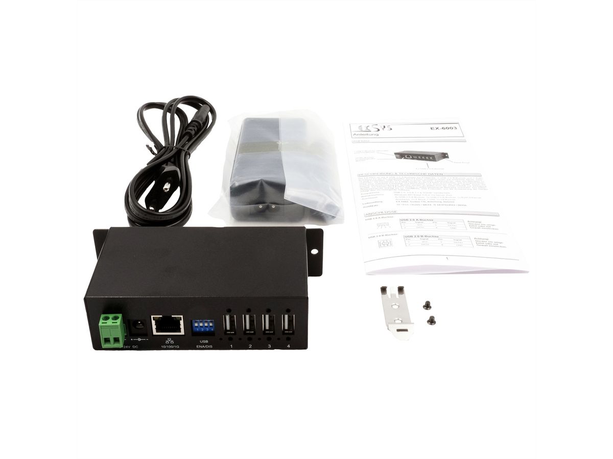 EXSYS EX-6003HMVS Serveur de périphériques 4x USB 2.0, entrée 9V-24V DC, boîtier métallique