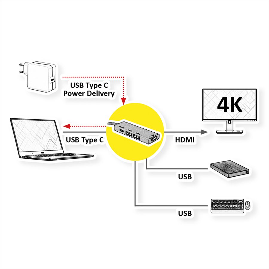 ROLINE GOLD Station d'accueil USB-C, 4K HDMI, 2 ports USB 3.2 Gen 1, 1x USB type C PD (Power Delivery)