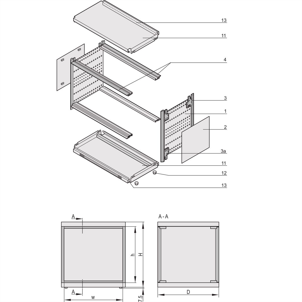 Coffret de bureau RatiopacPRO AIR de SCHROFF, blindage rétractable, garniture avant, 3/4 U, 84 HP, 255 mm