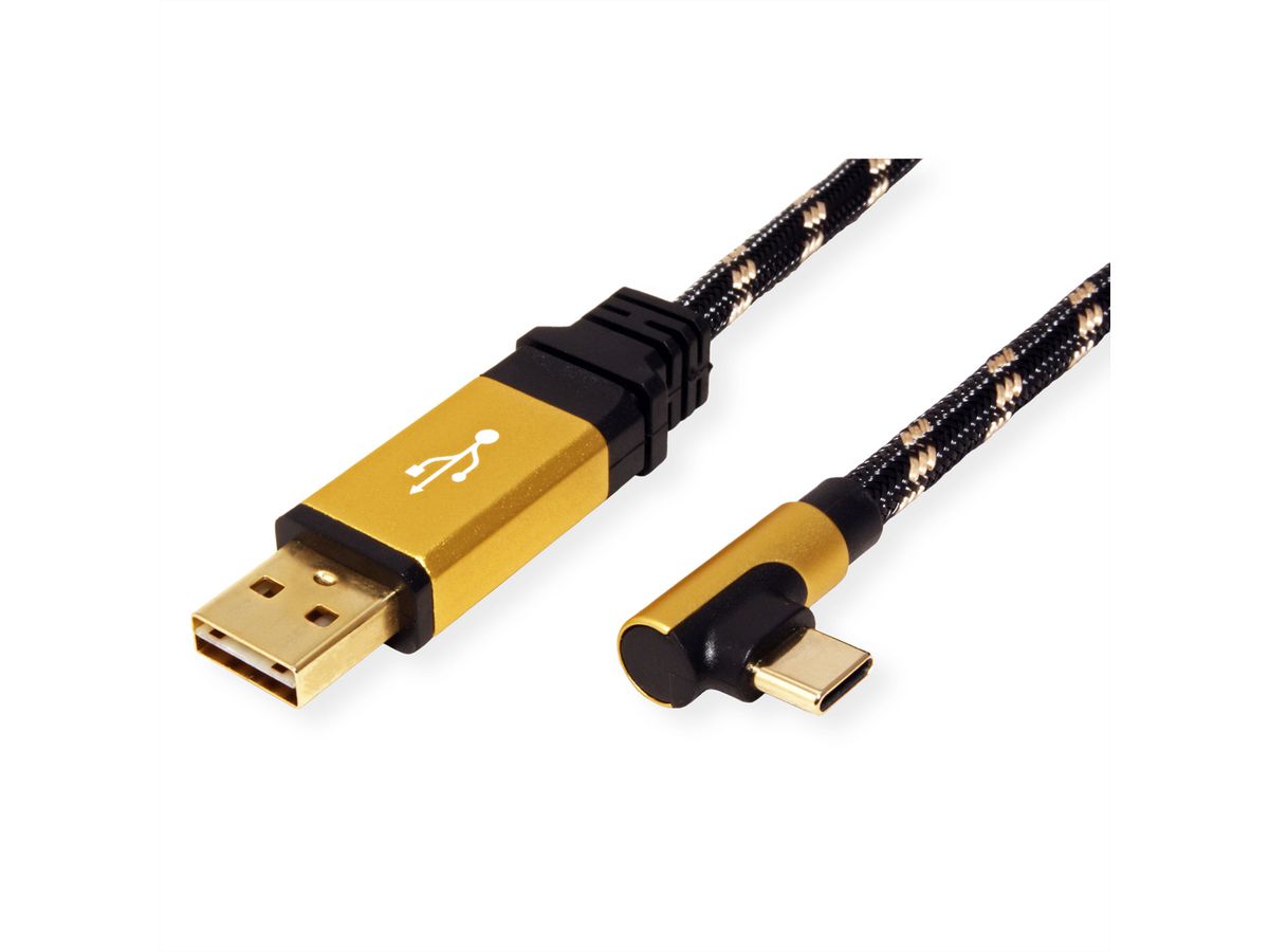 ROLINE GOLD Câble USB 2.0, USB A mâle reversible - USB C mâle, 90° coude, 0,8 m