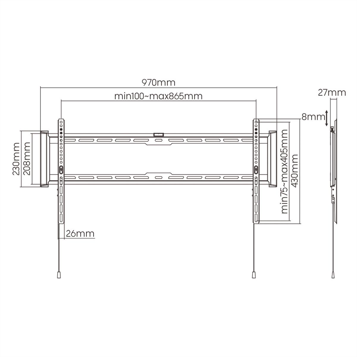 VALUE Support mural TV, distance murale de 27 mm, fixe, <228,6cm/90", <75kg