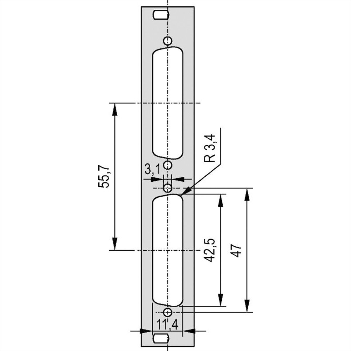 SCHROFF Face avant 19" avec découpe Sub-D, 2x25 pôles, 3U, 4 F, 2,5 mm, Al, RAL 7035