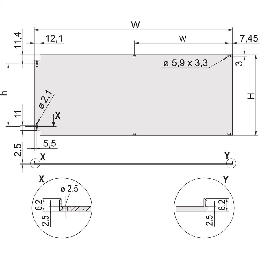 SCHROFF Face avant, blindée, charnières latérales, 3 U, 84 CV, 2,5 mm, alu
