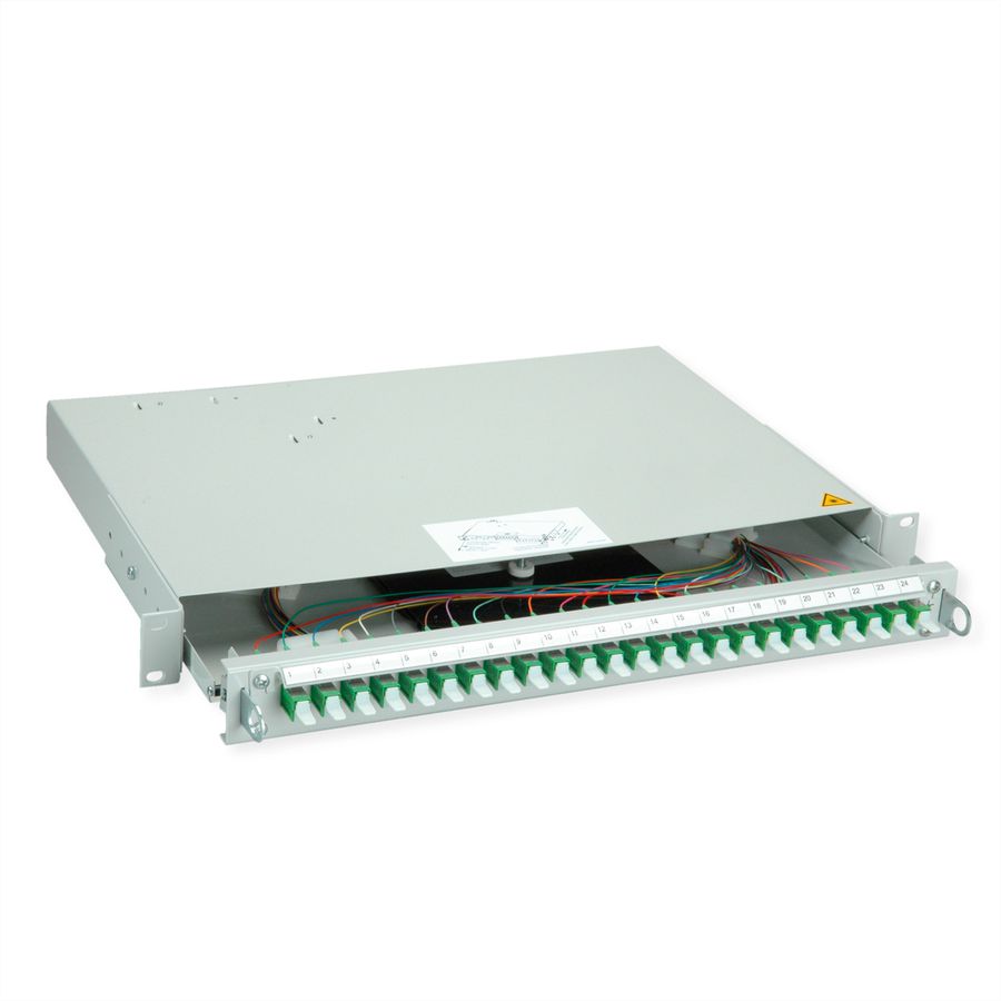 TELEGÄRTNER PROFI V Panneau FO avec coupleurs et pigtails, 24x E2000, vert, OS2 APC, Grade B