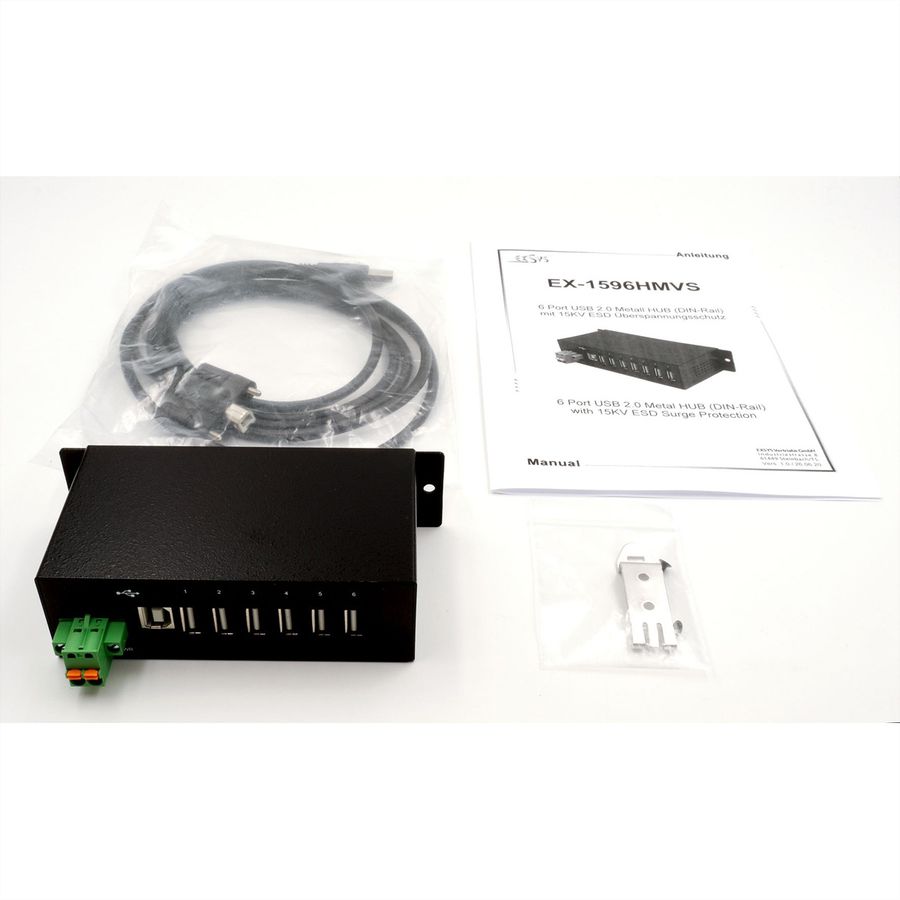 EXSYS EX-1596HMVS Hub métal USB 2.0 à 6 ports, protection de surtension 15KV ESD (rail DIN)