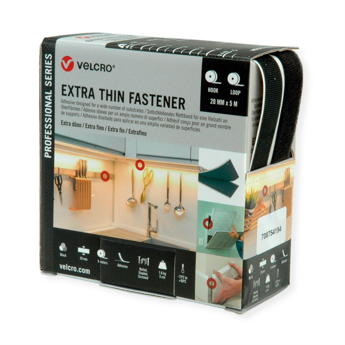 VELCRO® Extra Thin Fixation 5m bande crochets 5m bande velours, crochets & velours 20mm noir