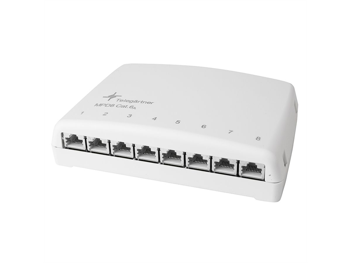 TELEGÄRTNER Mini distributeur TH35/AP, blanc alpin, MPD8-HS K Cat.6A (profond selon ISO/IEC)