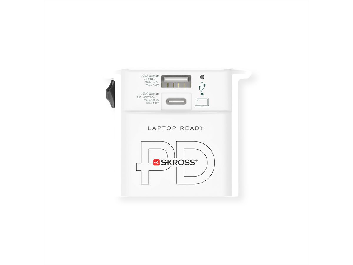 SKROSS Adaptateur de voyage MUV USB A/C 65PD avec câble USB-C, monde