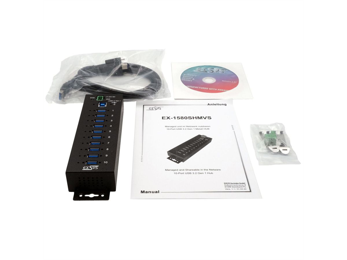 EXSYS EX-1580SHMVS Hub USB 3.2 Gen 1 métallique à 10 ports, géré, partageable en réseau, protection ESD 15 kV