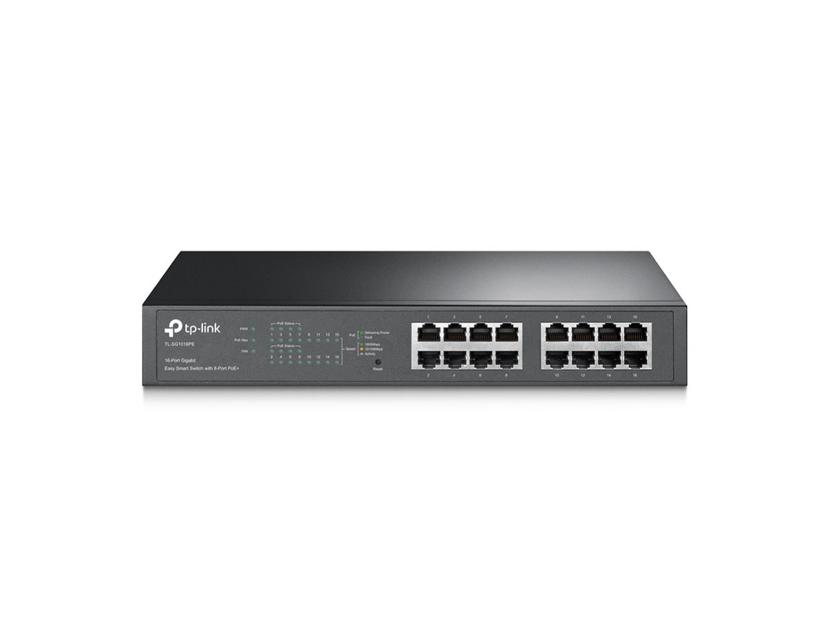 TP-LINK TL-SG1016PE commutateur réseau Géré Gigabit Ethernet (10/100/1000) Noir Connexion Ethernet, supportant l'alimentation via ce port (PoE)
