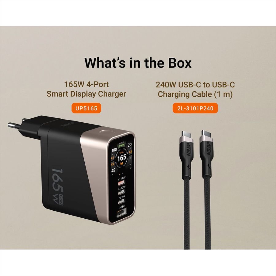 ATEN UP5165 Chargeur intelligent à 4 ports USB-C de 165 W avec écran