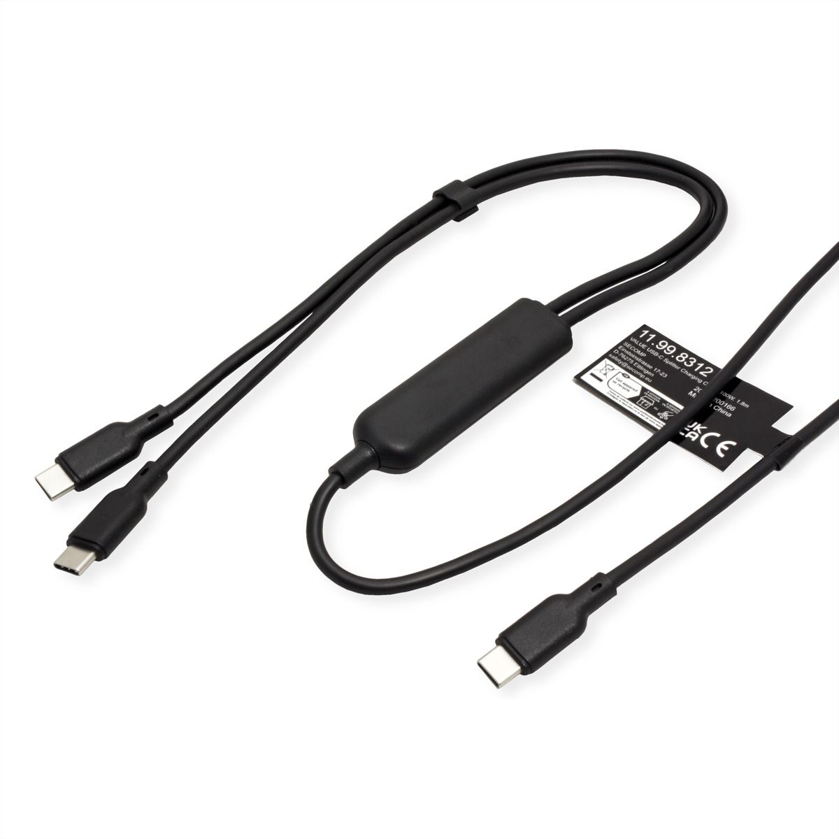 VALUE Câble de chargement USB2.0 en Y, Type C vers 2x C, M/M, max. 100W, noir, 1,8 m