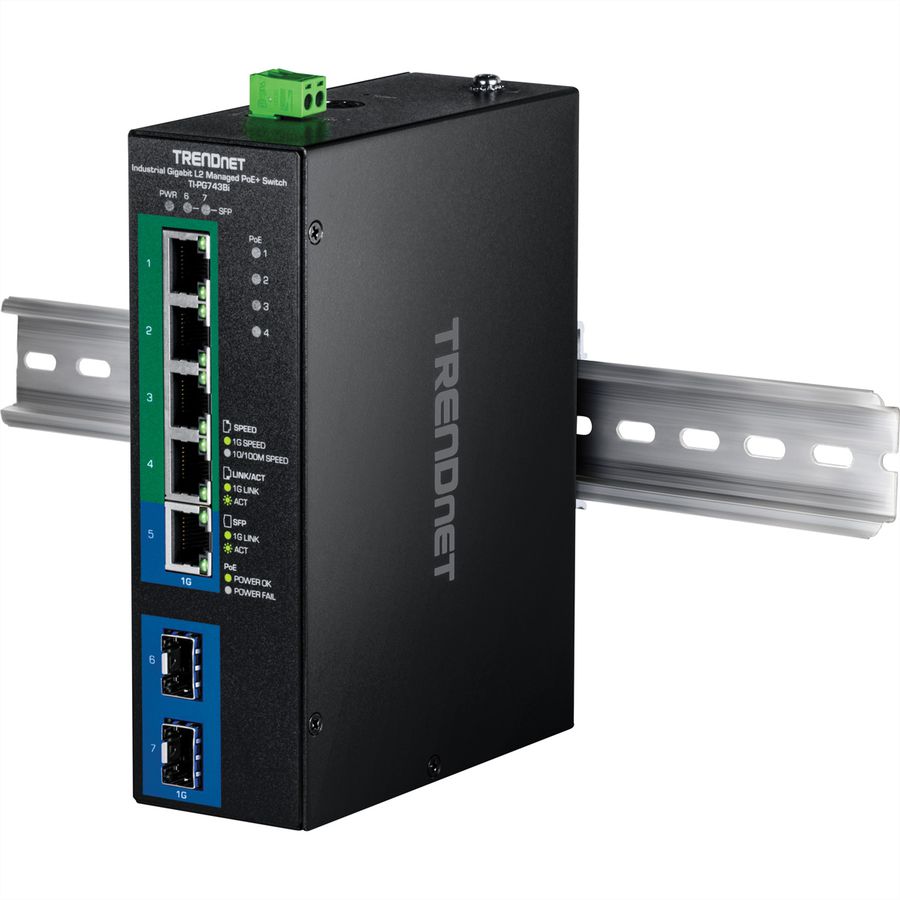 TRENDnet TI-PG743Bi Switch industriel Rail DIN Gigabit PoE+ L2 administrable à 7 ports 24 – 57V