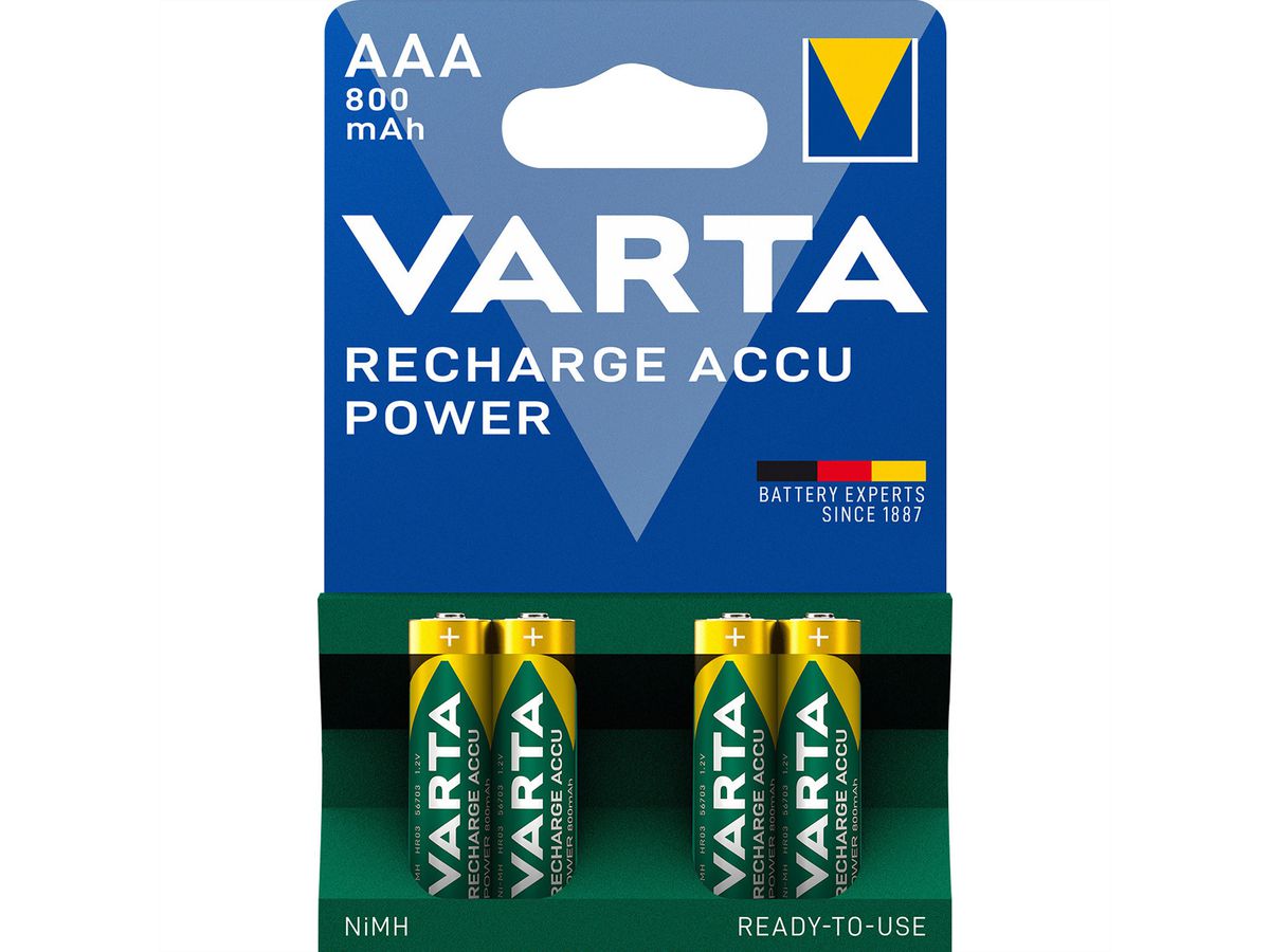 VARTA NiMH Piles Micro, AAA, HR03, pack de 4, 1,2V, 800mAh, chargées et prêtes à l'emploi