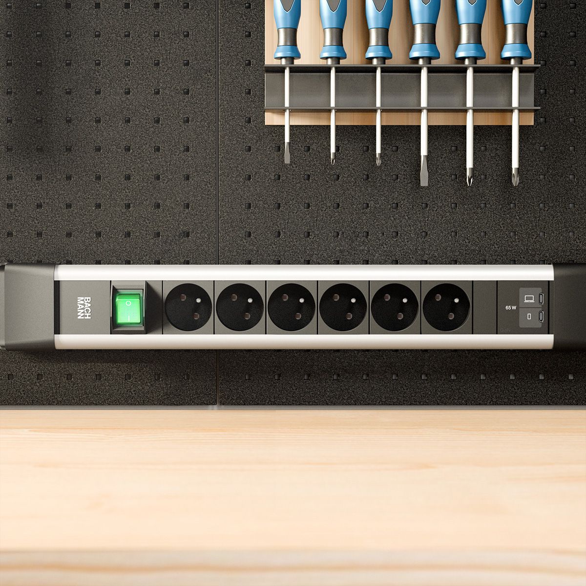 BACHMANN CONNECTUS 6xUTE 1xinterrupteur, 1xUSB C/C 65W L=2,0m CEE7/7 gris