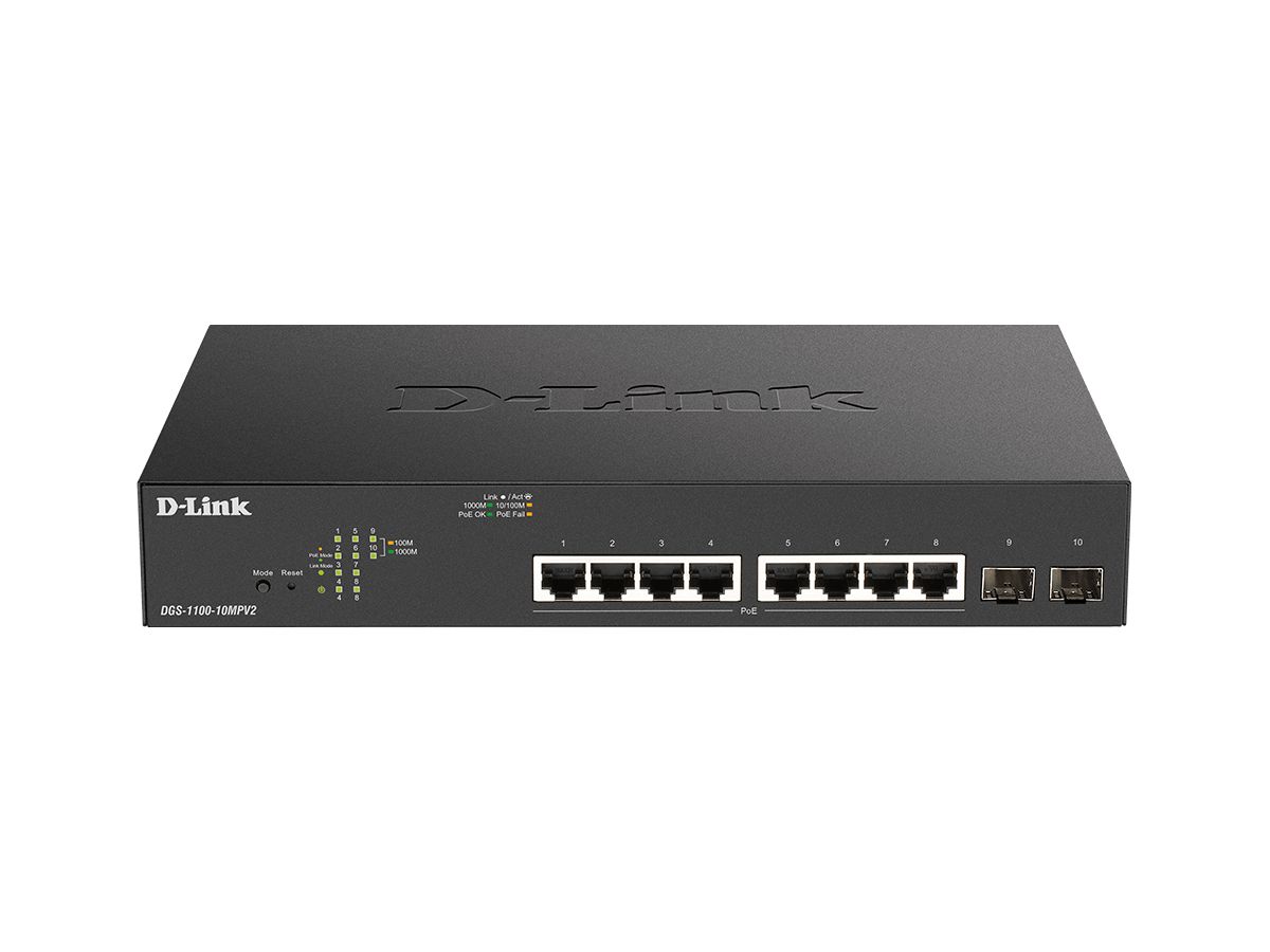 D-Link DGS-1100-10MPV2 commutateur réseau Géré L2 Gigabit Ethernet (10/100/1000) Connexion Ethernet, supportant l'alimentation via ce port (PoE) 1U Noir