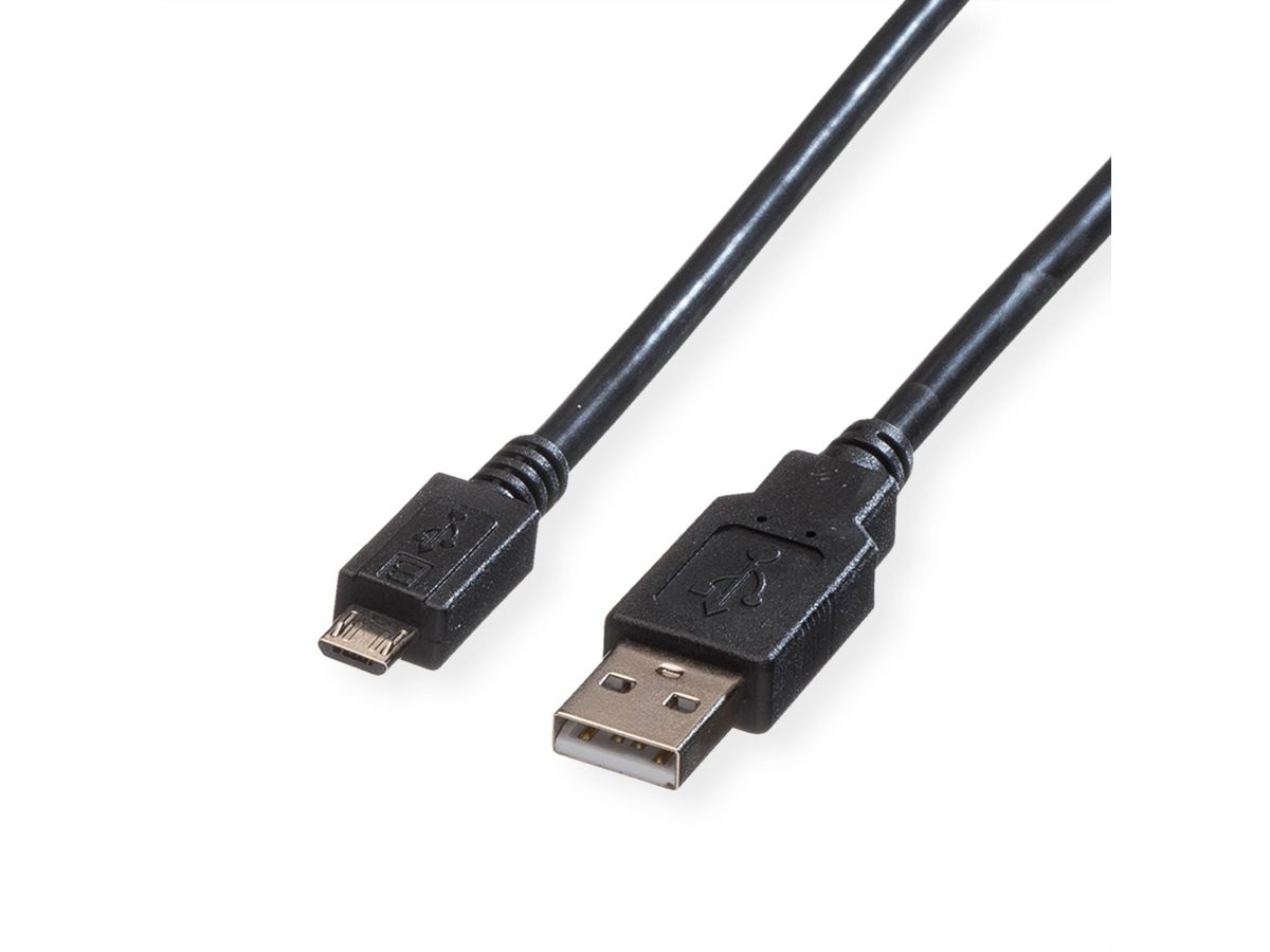 ROLINE Câble USB 2.0, USB A mâle - Micro USB B mâle, noir, 0,8 m