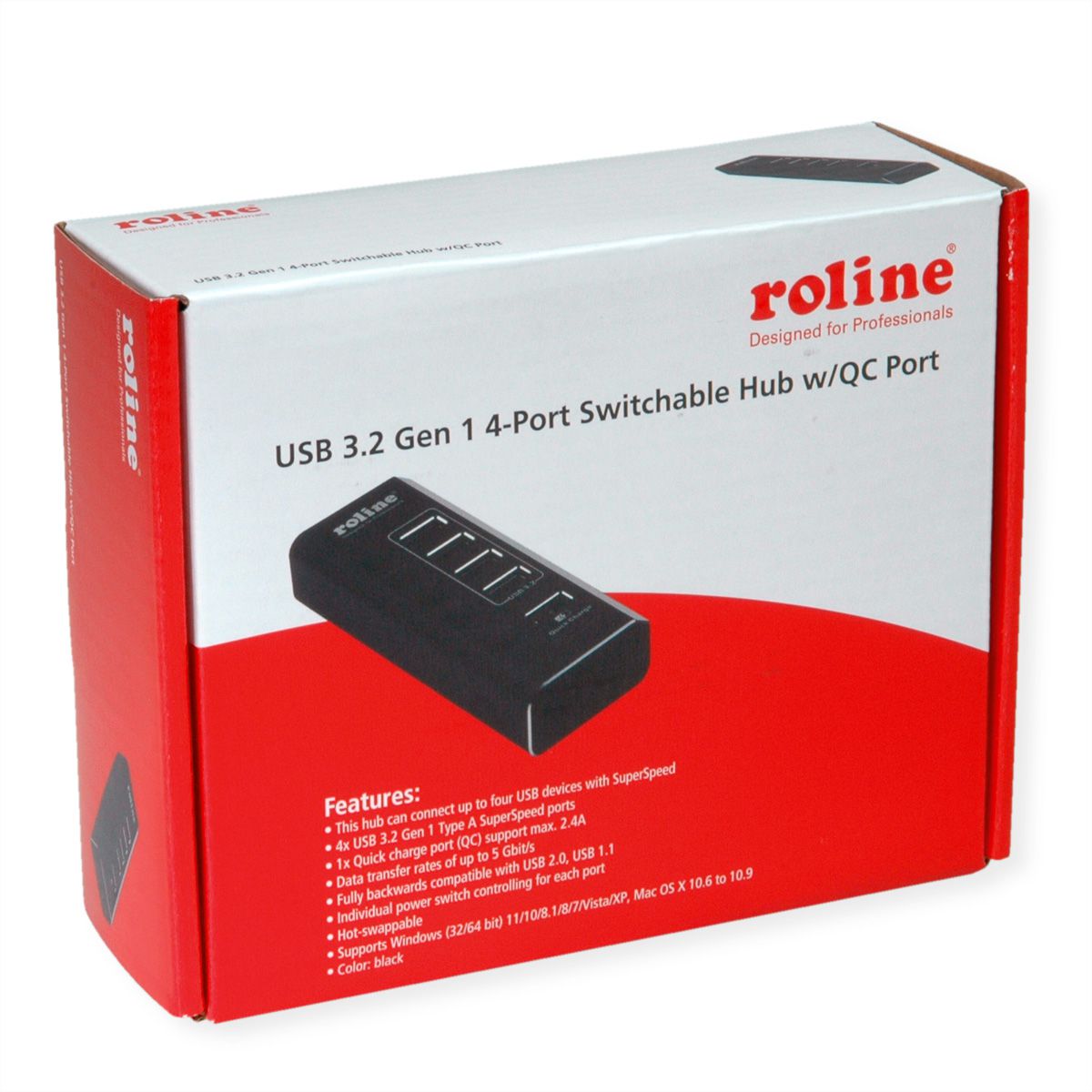 ROLINE Hub Notebook USB 3.2 Gen 1, 4 ports + 1 port chargeur (QC), ports commutables individuellement
