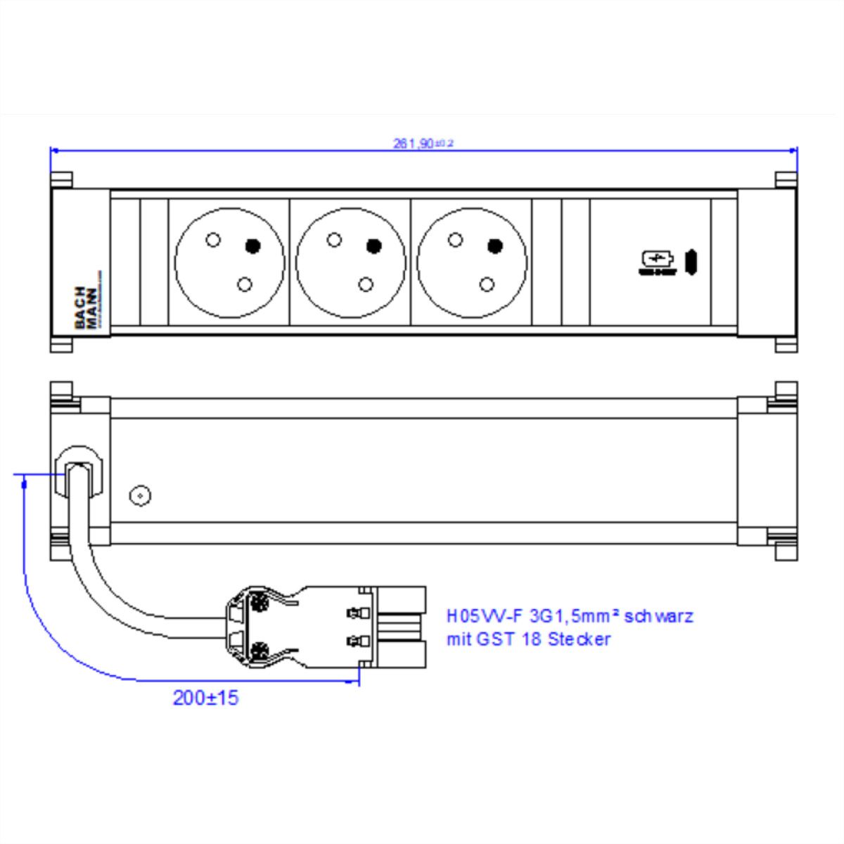 BACHMANN POWER FRAME M 3xUTE 1xUSB C 30W 0,2m GST18