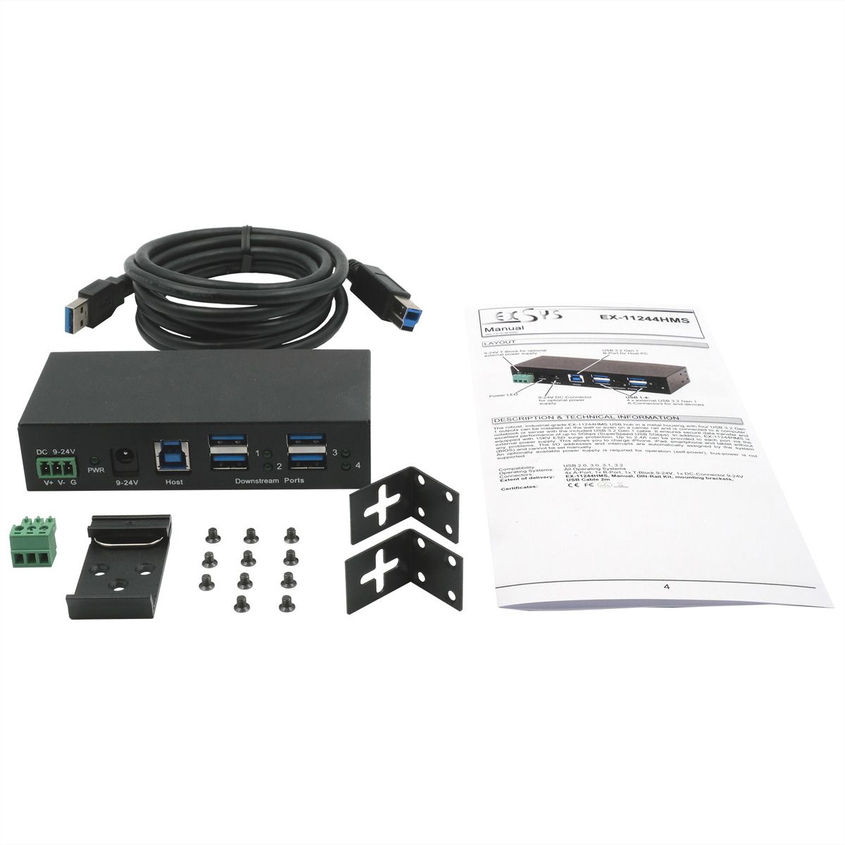 EXSYS EX-1244HMS HUB 4 ports USB 3.2 Gen 1 Din-Rail kit et mur VIA VL813 Chipset