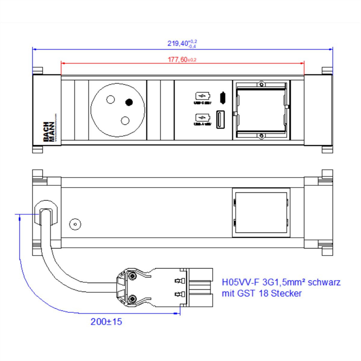 BACHMANN POWER FRAME S 1xUTE 1xCM 1xUSB A/C 22W 0,2m GST18