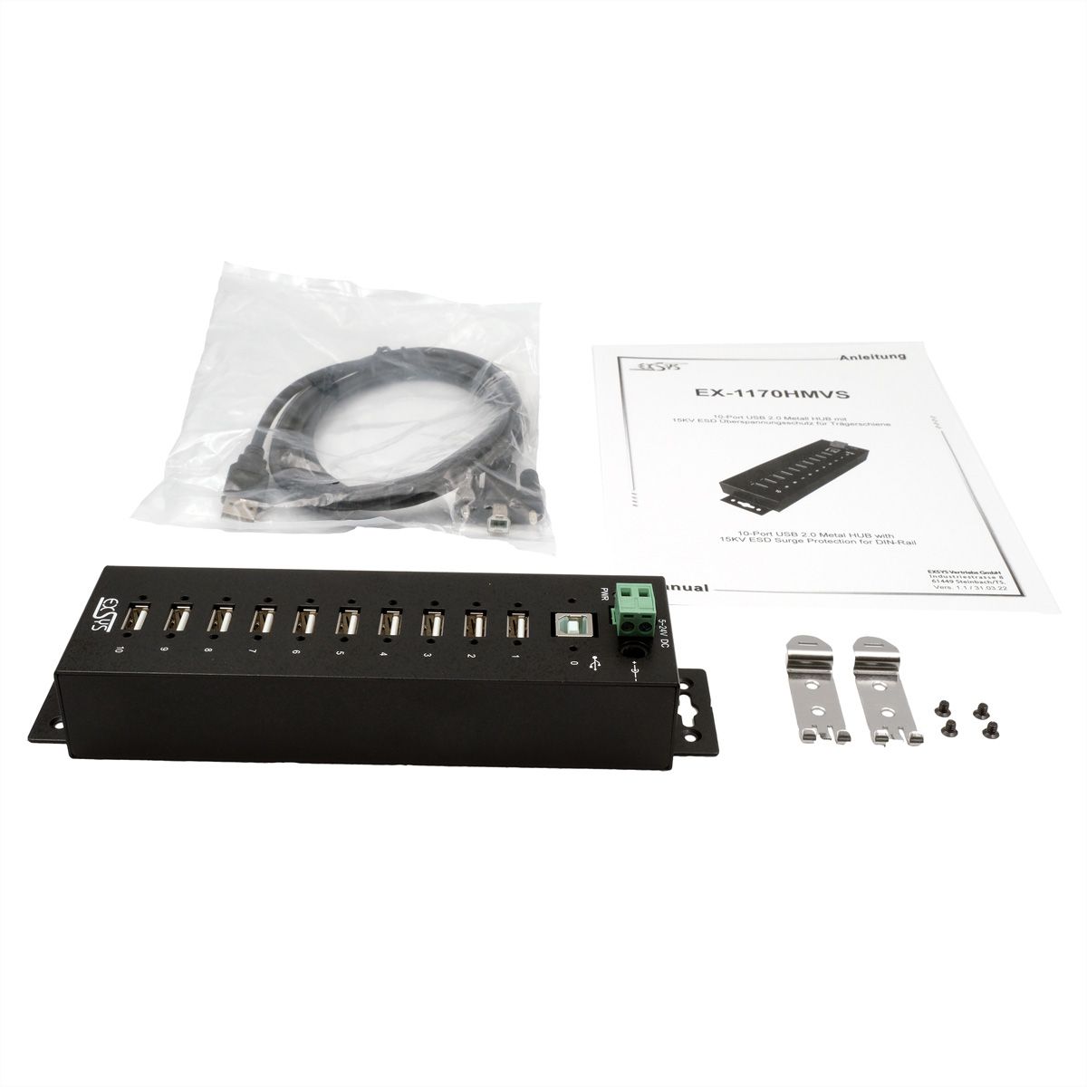EXSYS EX-1170HMVS Hub métal USB 2.0, 10 ports, protection de surtension 15KV
