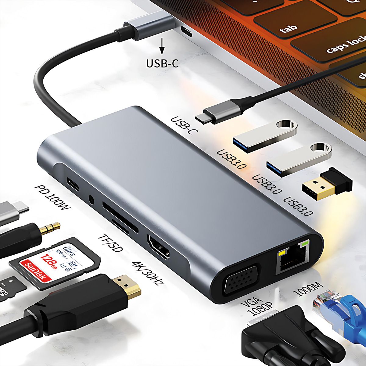 VALUE Station d'accueil USB type C, HDMI 4K60, VGA, 1x Gigabit Ethernet, 2x USB A + type C PD, 1x SD/microSD, 1x audio