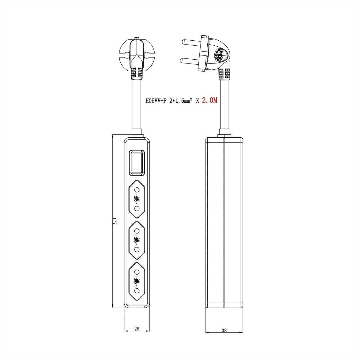 VALUE Multiprise 3 ports type Euro, avec interrupteur et fiches profilées, blanc, 2 m