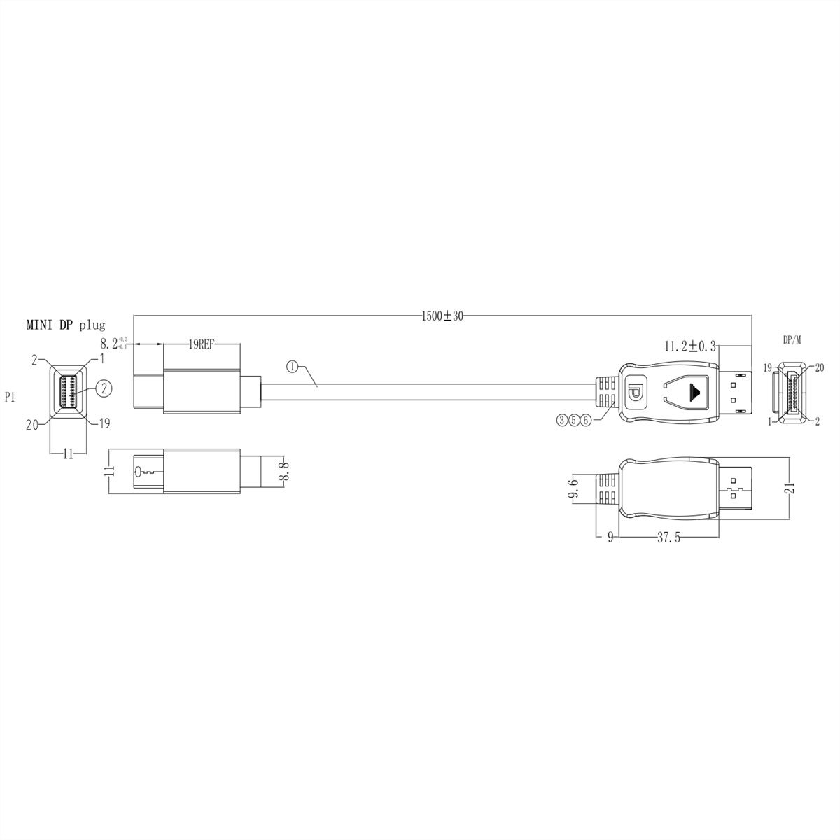 BACHMANN Mini DisplayPort vers HDMI 1,5m S.1 Mini DP S.2 HDMI, Mesure p.Ph.3mH05VV-F 5G2,5 CEE3x16A Lan