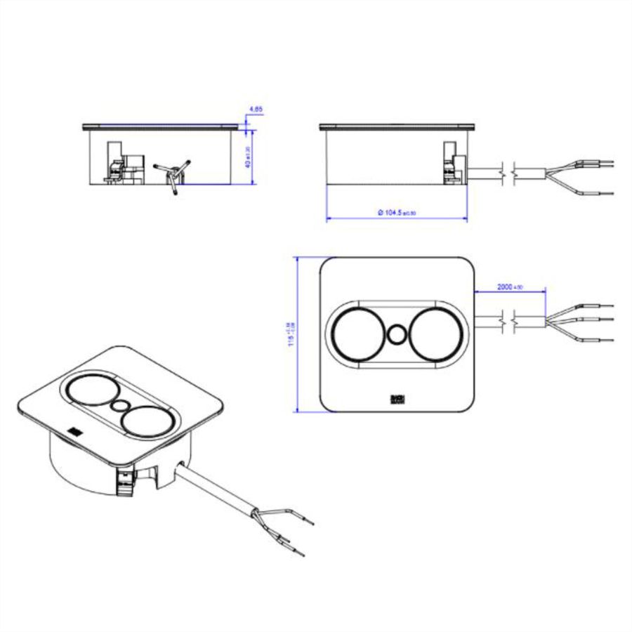 BACHMANN TWIST 2 1xUTE 1xUSB A/C 22W 2,0m AEH aspect inox carré, Mesure p.Sd.3m H05VV-F 3G4 CEE16A LAN