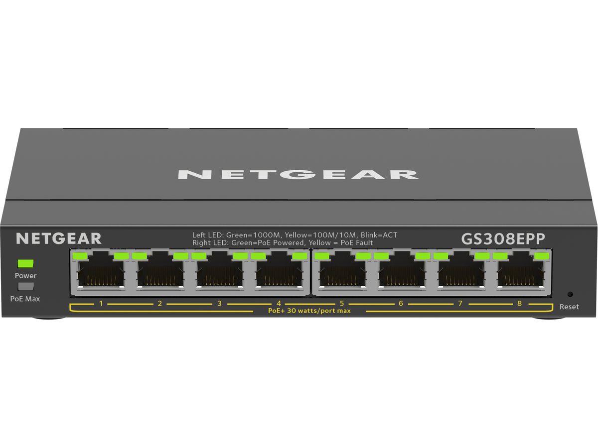 NETGEAR 8-Port Gigabit Ethernet High-Power PoE+ Plus Switch (GS308EPP) Géré L2/L3 Gigabit Ethernet (10/100/1000) Connexion Ethernet, supportant l'alimentation via ce port (PoE) Noir