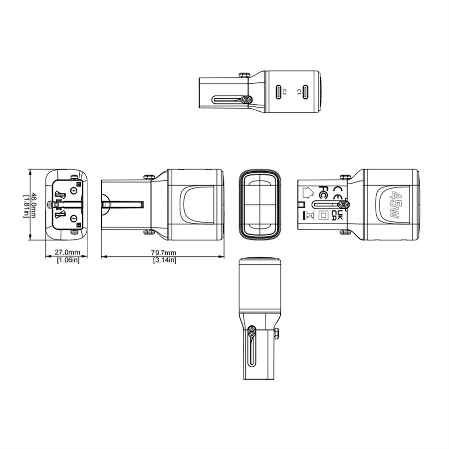 VALUE Chargeur de voyage, EU/UK/US, 2 ports USB C, 45 W