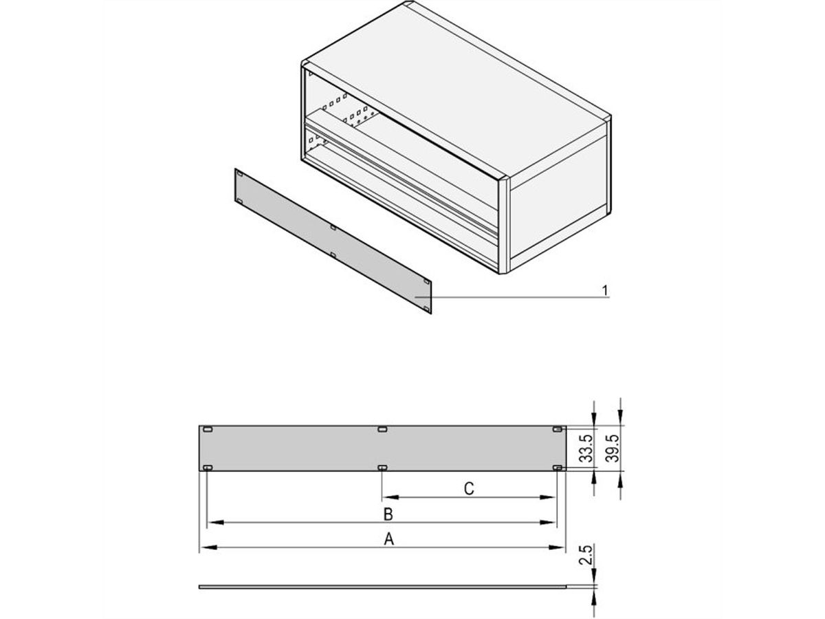 SCHROFF Face avant 1 U, 84 HP, Montage sur rail horizontal, 2,5 mm, alu, anodisé avant, conducteur arrière