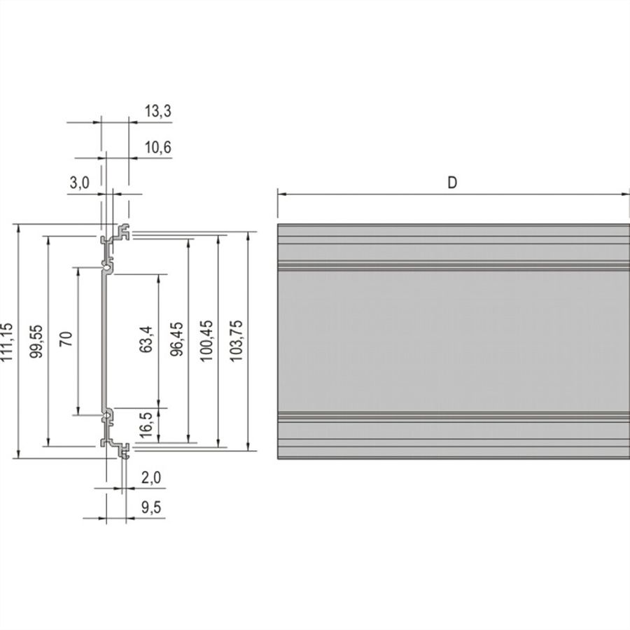 Cadre de type SCHROFF, unité enfichable, panneau latéral extrudé, 3 U, 220 mm, symétrique