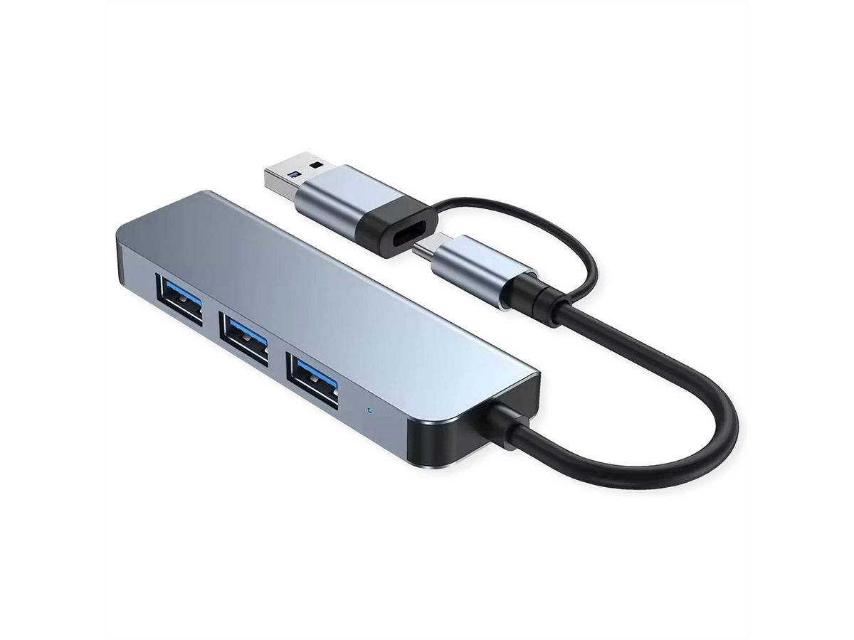 VALUE Hub métallique 4 ports type A, (1x USB 3.2Gen1 + 3x USB 2.0), câble de raccordement type A+C