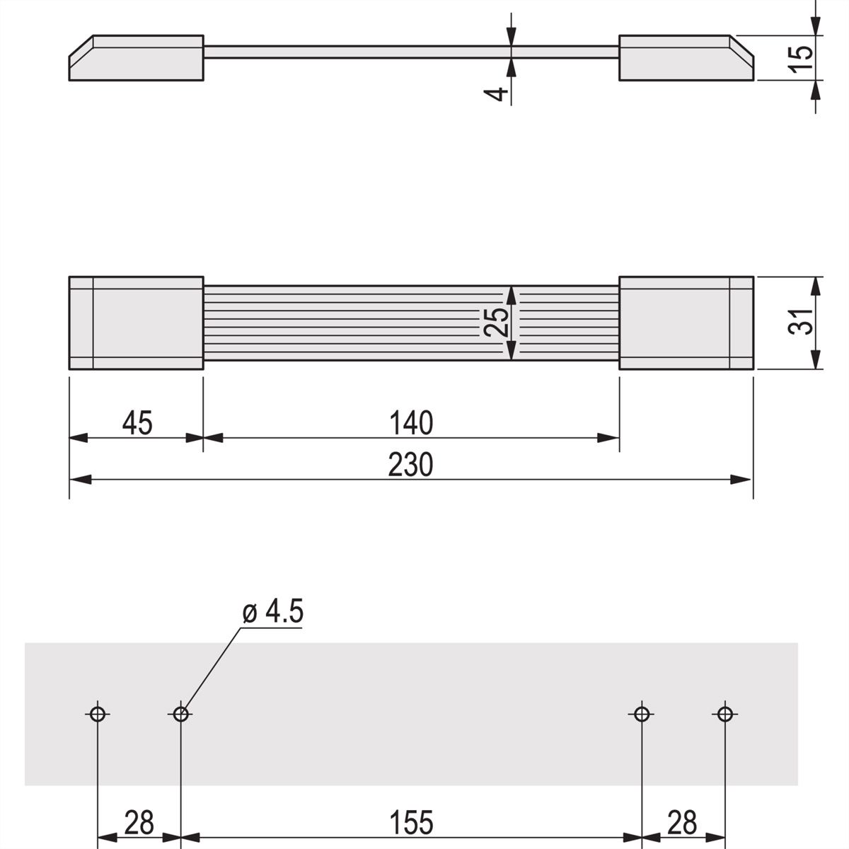 Poignée universelle SCHROFF, largeur 25 mm, 230 mm
