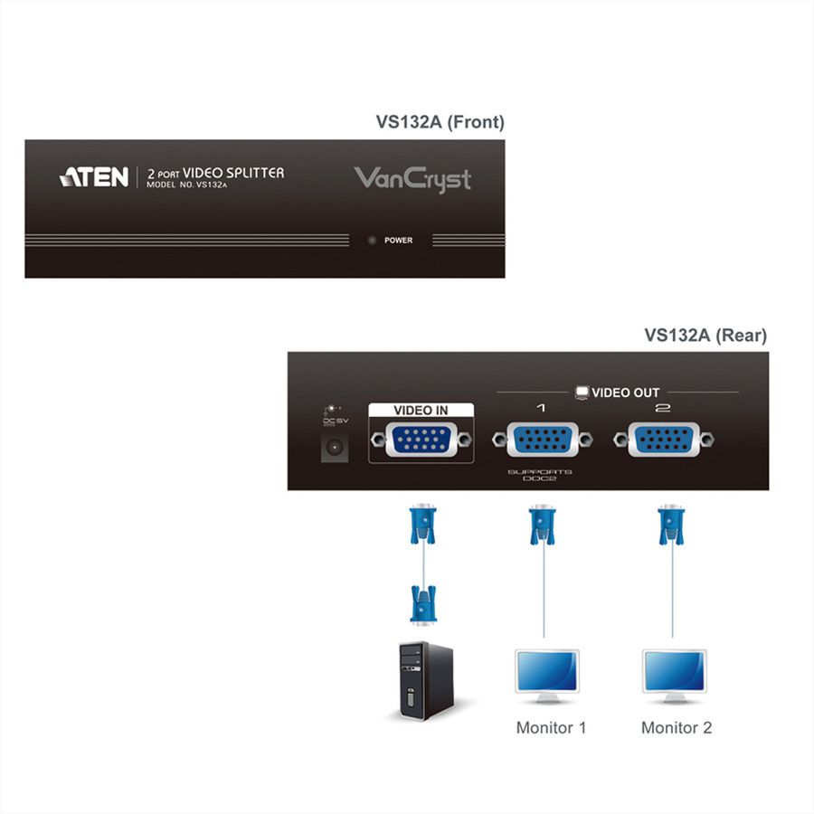 ATEN VS132A Splitter Vidéo, 450MHz, 2 écrans
