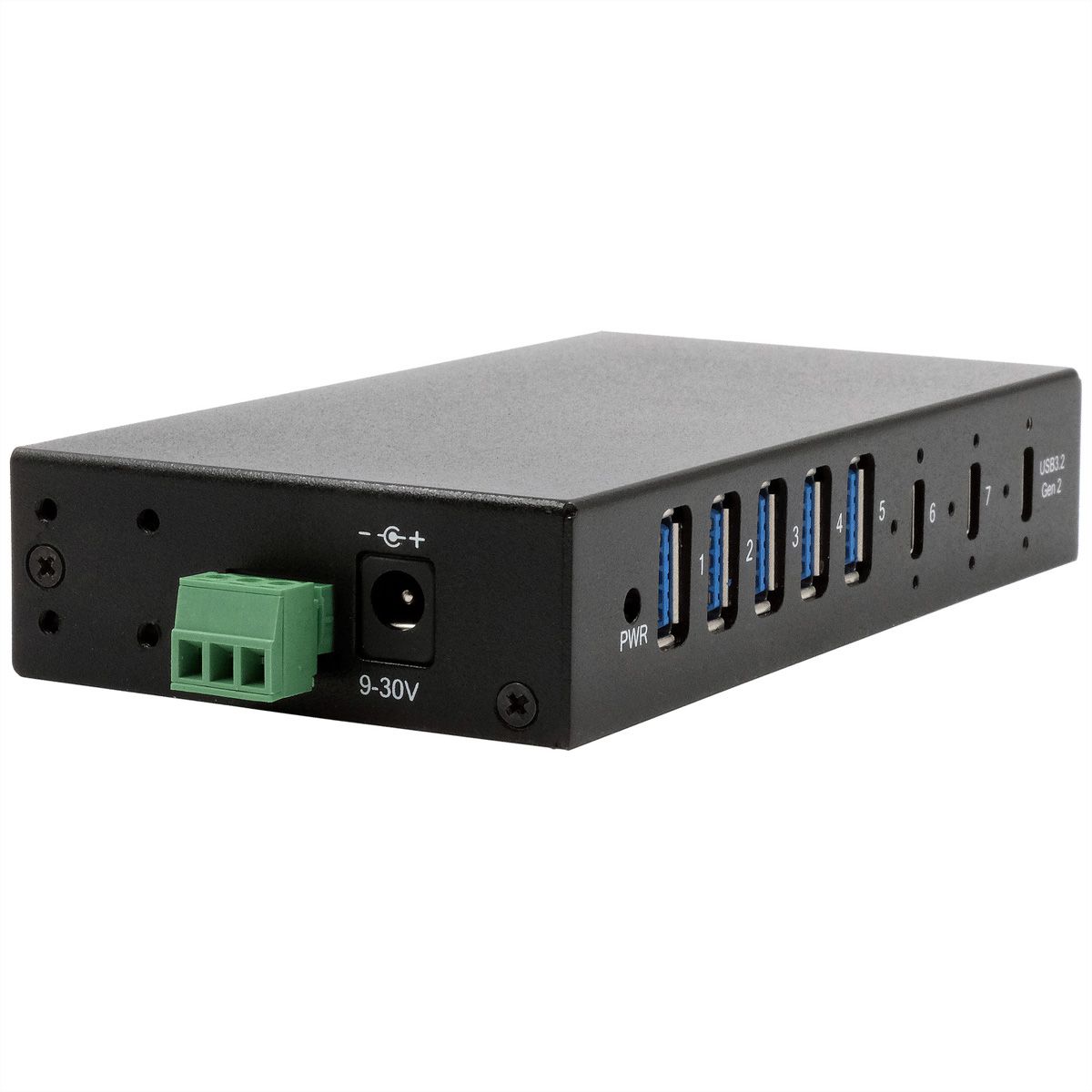 EXSYS EX-12297HMS HUB métallique 7 ports USB 3.2 Gen 2x1, 2x USB-C et 5x USB-A 3.2 Gen 1, pour table, mur et rail DIN