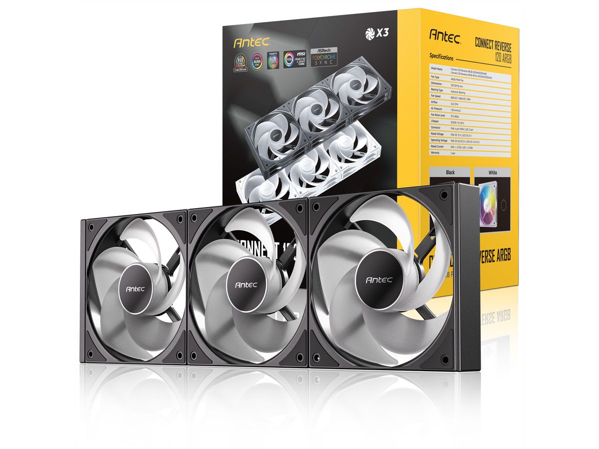 ANTEC C120 ARGB Ventilateur de boîtier PC inversé 120 mm, lot de 3, noir