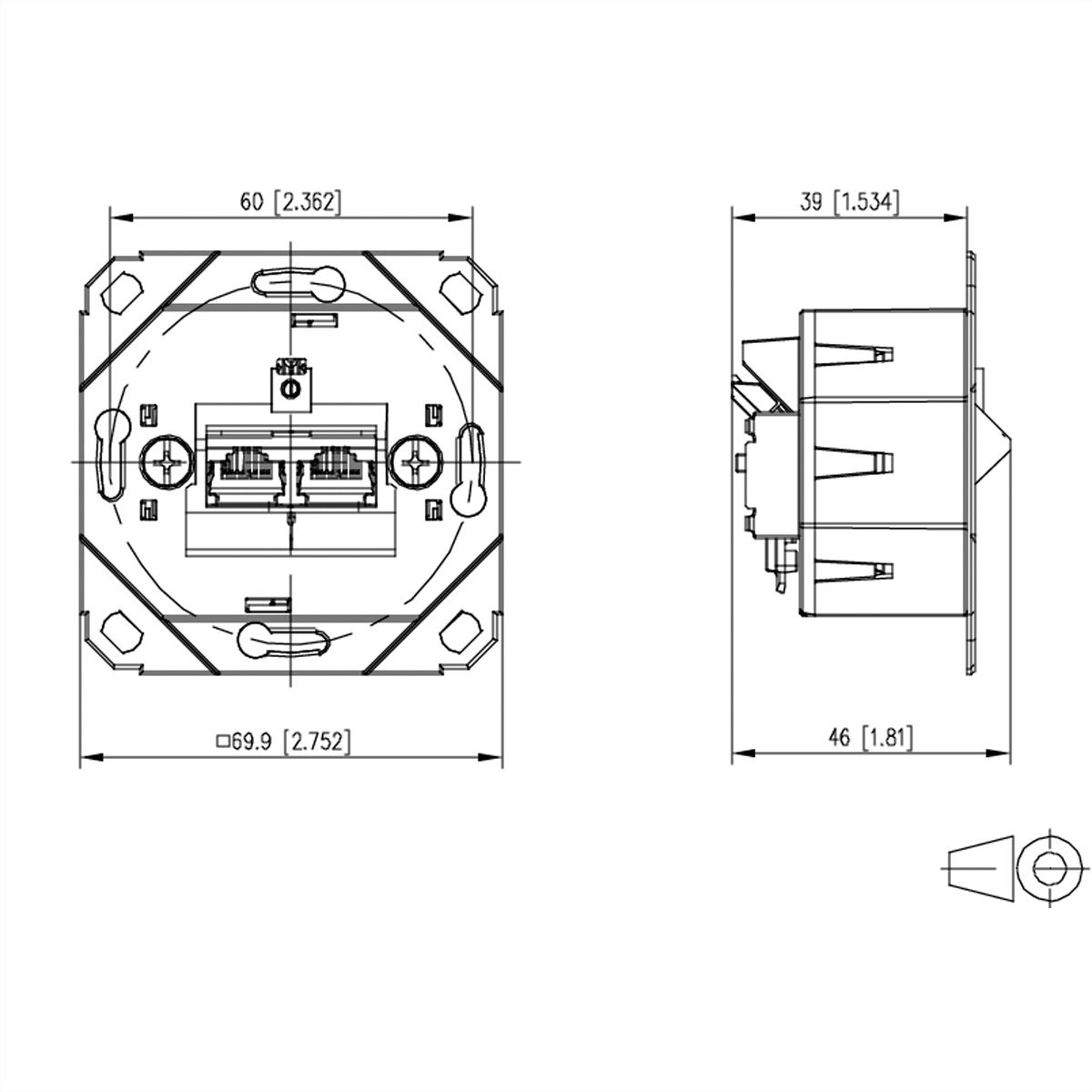 METZ CONNECT E-DAT C6A IDC Prise, 2 ports, encastré pour gammes d'interrupteurs design (UP0), métallique