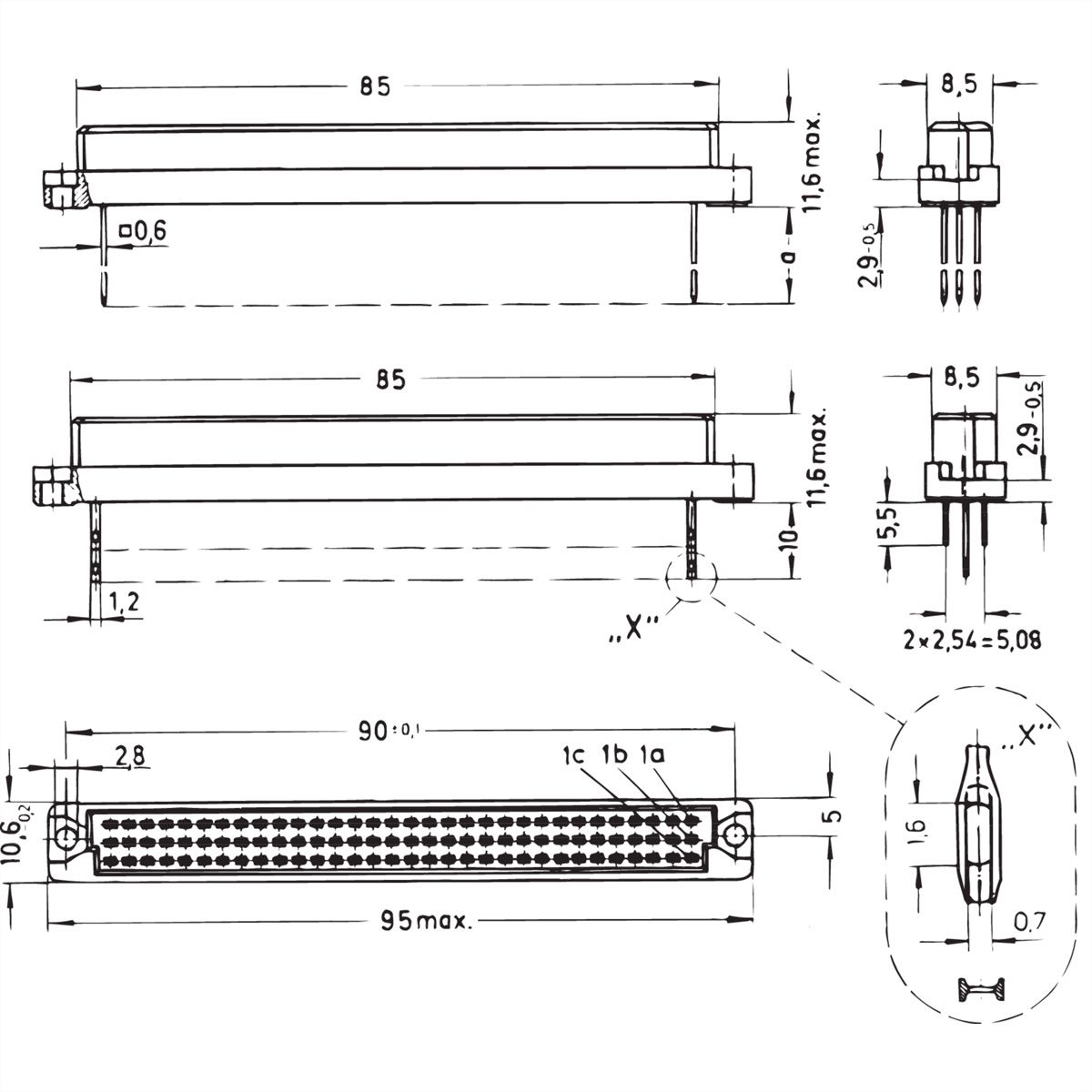 Connecteur SCHROFF de type C, EN 60603, DIN 41612, femelle, 96 contacts, broches à souder, 2.5 mm