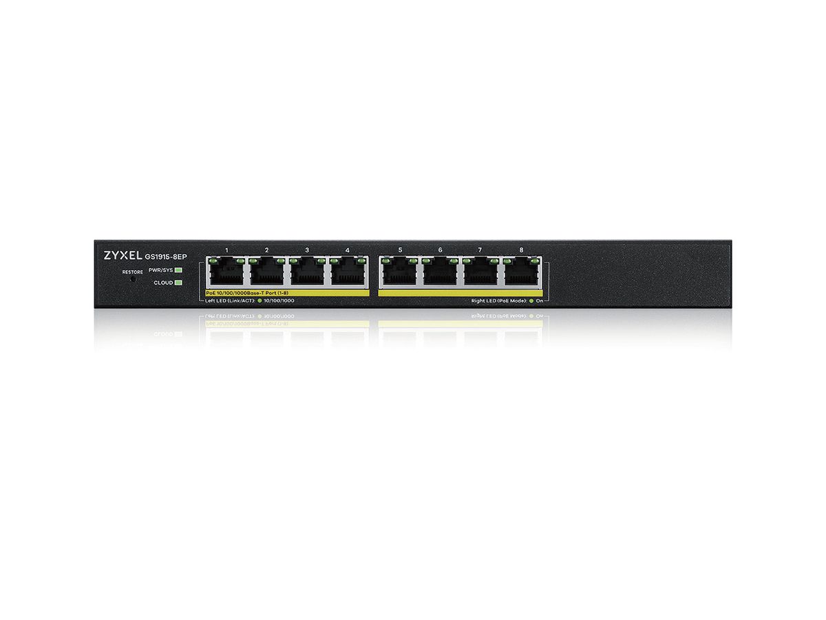 Zyxel GS1915-8EP Géré L2 Gigabit Ethernet (10/100/1000) Connexion Ethernet, supportant l'alimentation via ce port (PoE) Noir