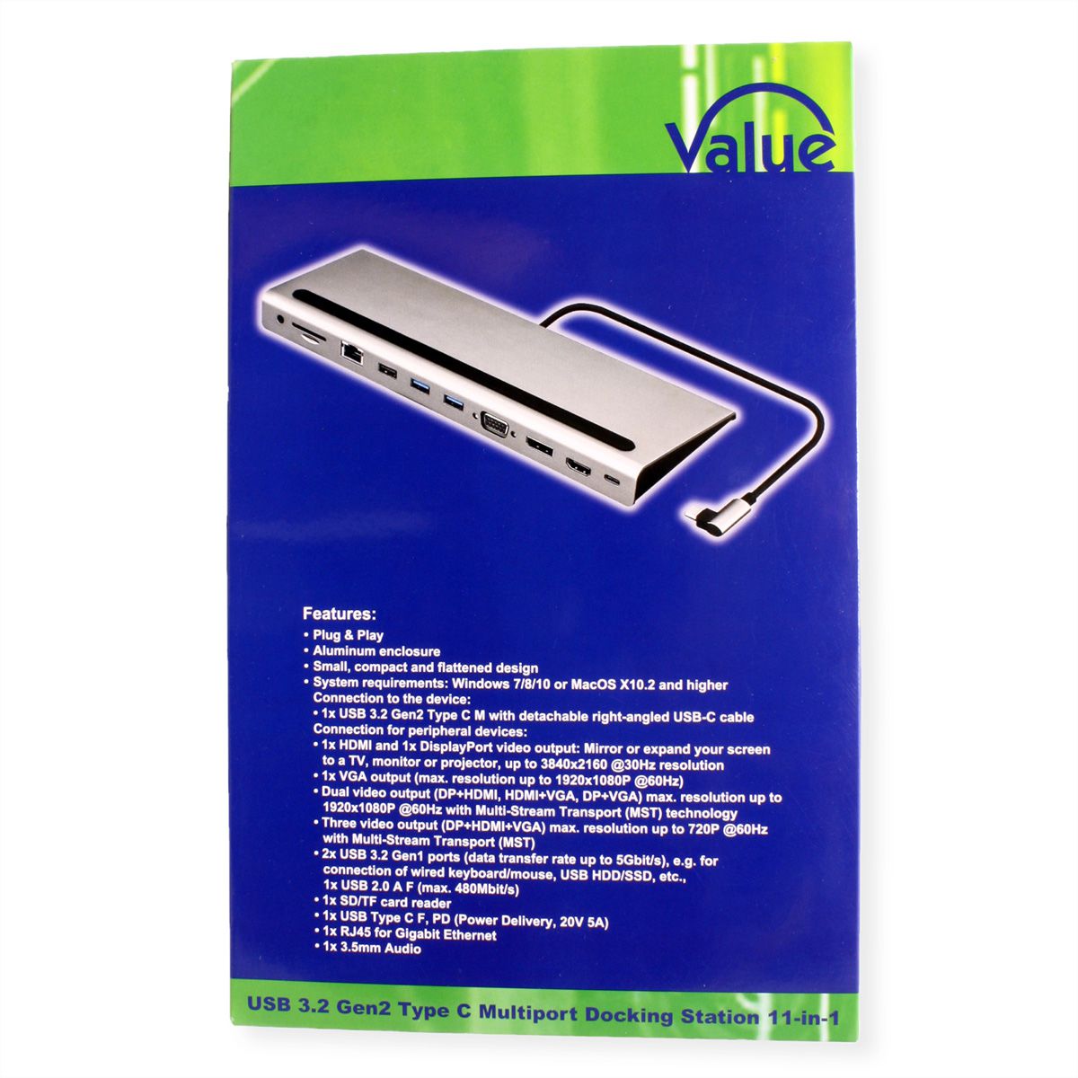 VALUE Station d‘accueil USB-C multiports, 4K HDMI/DP, VGA, USB, Card Reader, PD, Gigabit Ethernet, Audio