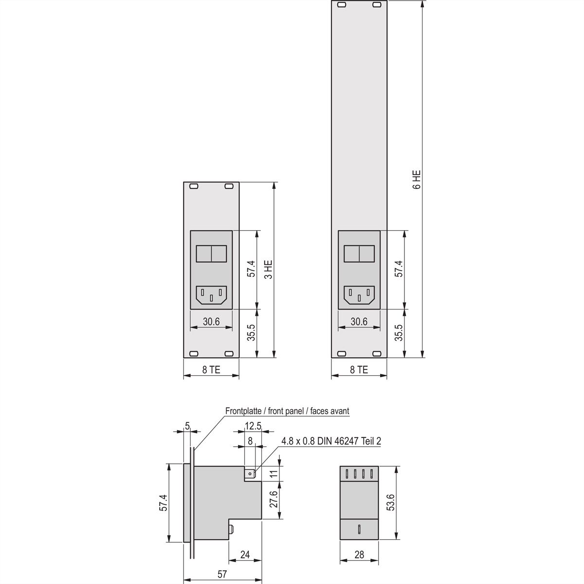 SCHROFF Face avant avec module d'entrée AC, 3 U, 8 CV, 2,5 mm, alu, anodisé, bords non traités