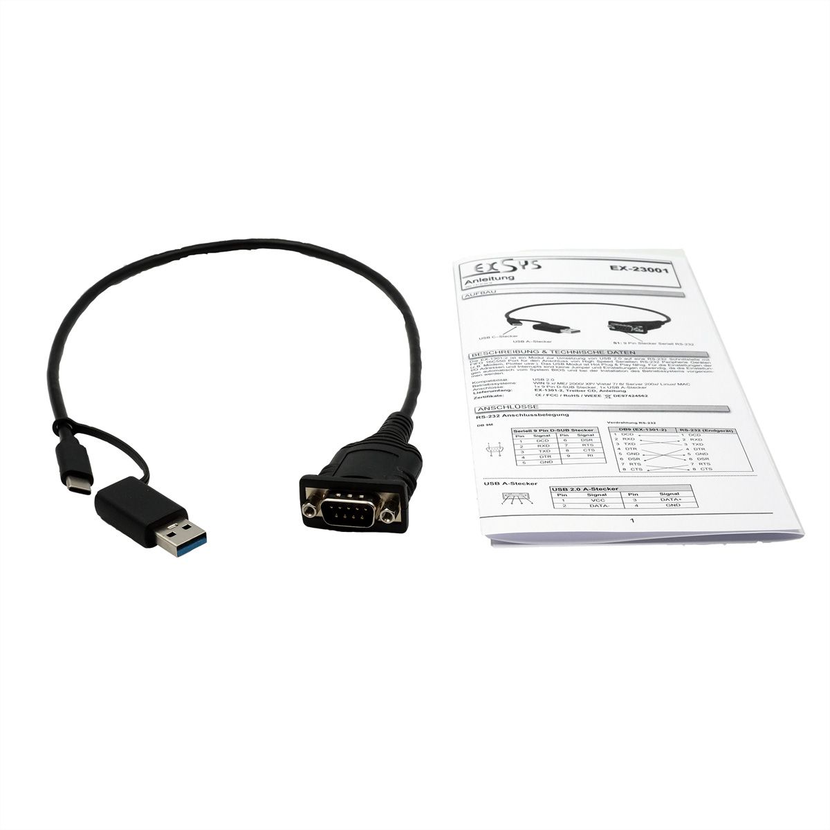 EXSYS EX-23001 Câble USB 2.0 avec connecteur C et A vers 1 x câble série RS-232 avec connecteur 9 broches FTDI Chip-Set