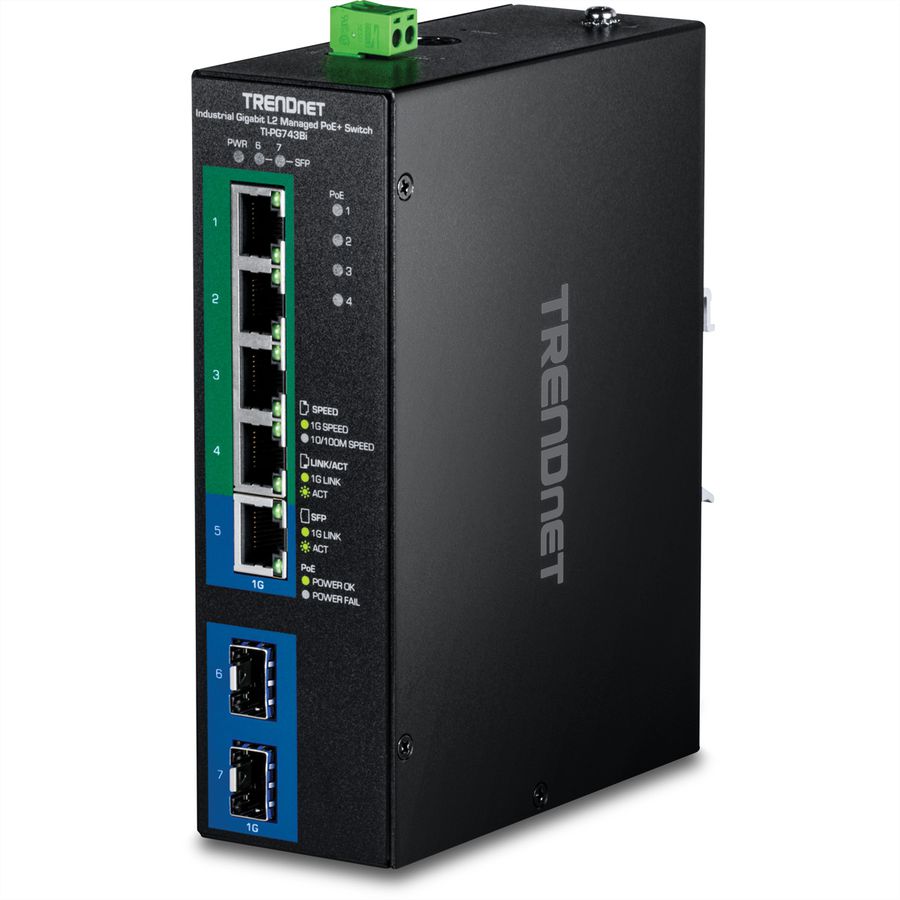 TRENDnet TI-PG743Bi Switch industriel Rail DIN Gigabit PoE+ L2 administrable à 7 ports 24 – 57V
